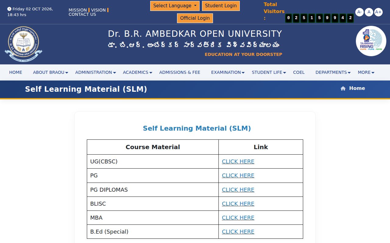 Official BRAOU page on braou.ac.in: access Self Learning Material menu