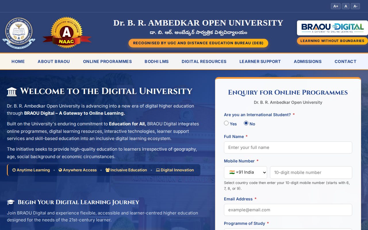 Official BRAOU page on digital.braou.ac.in: register for online MBA programmes