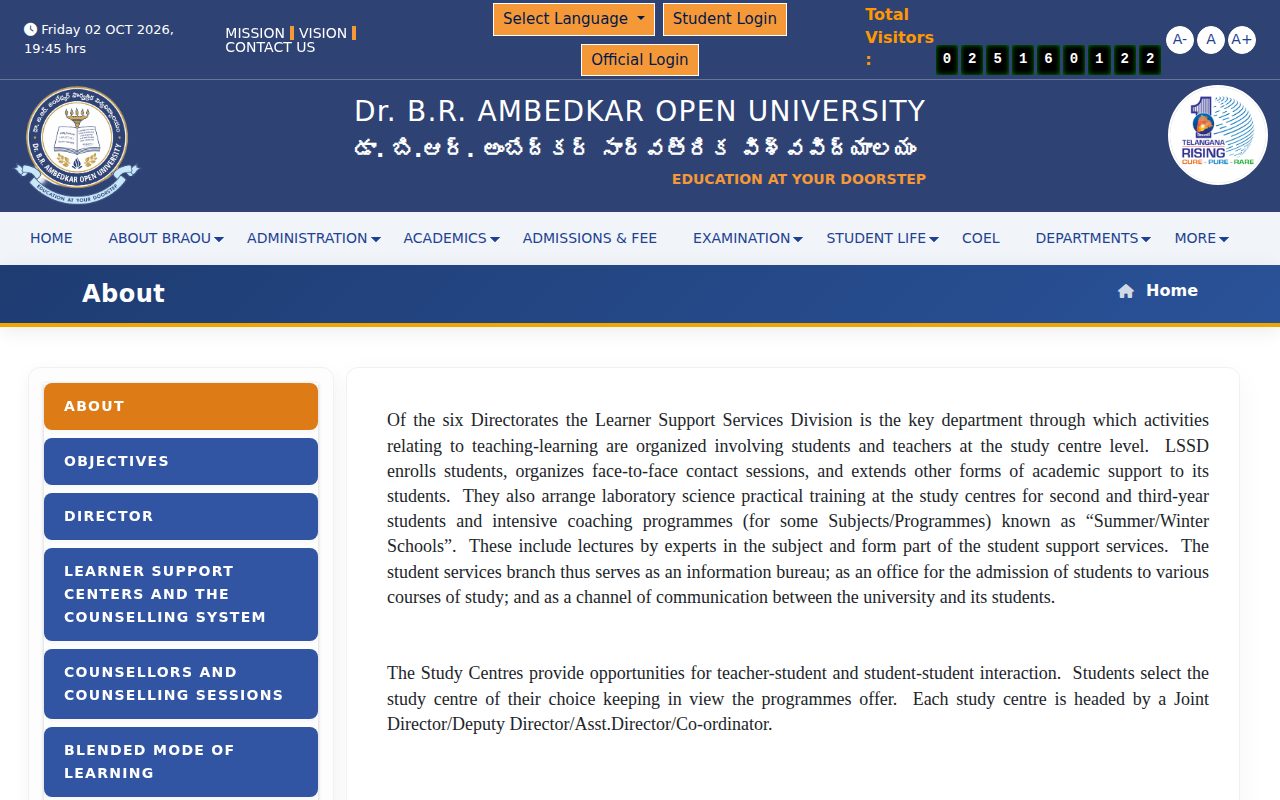 Official BRAOU page on braou.ac.in: log in to BRAOU student portal