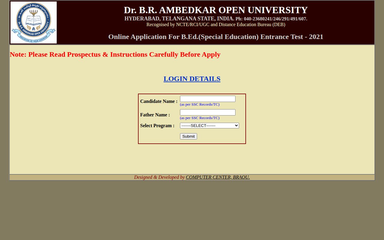 Official BRAOU page on braouonline.in: apply online for B.Ed entrance test